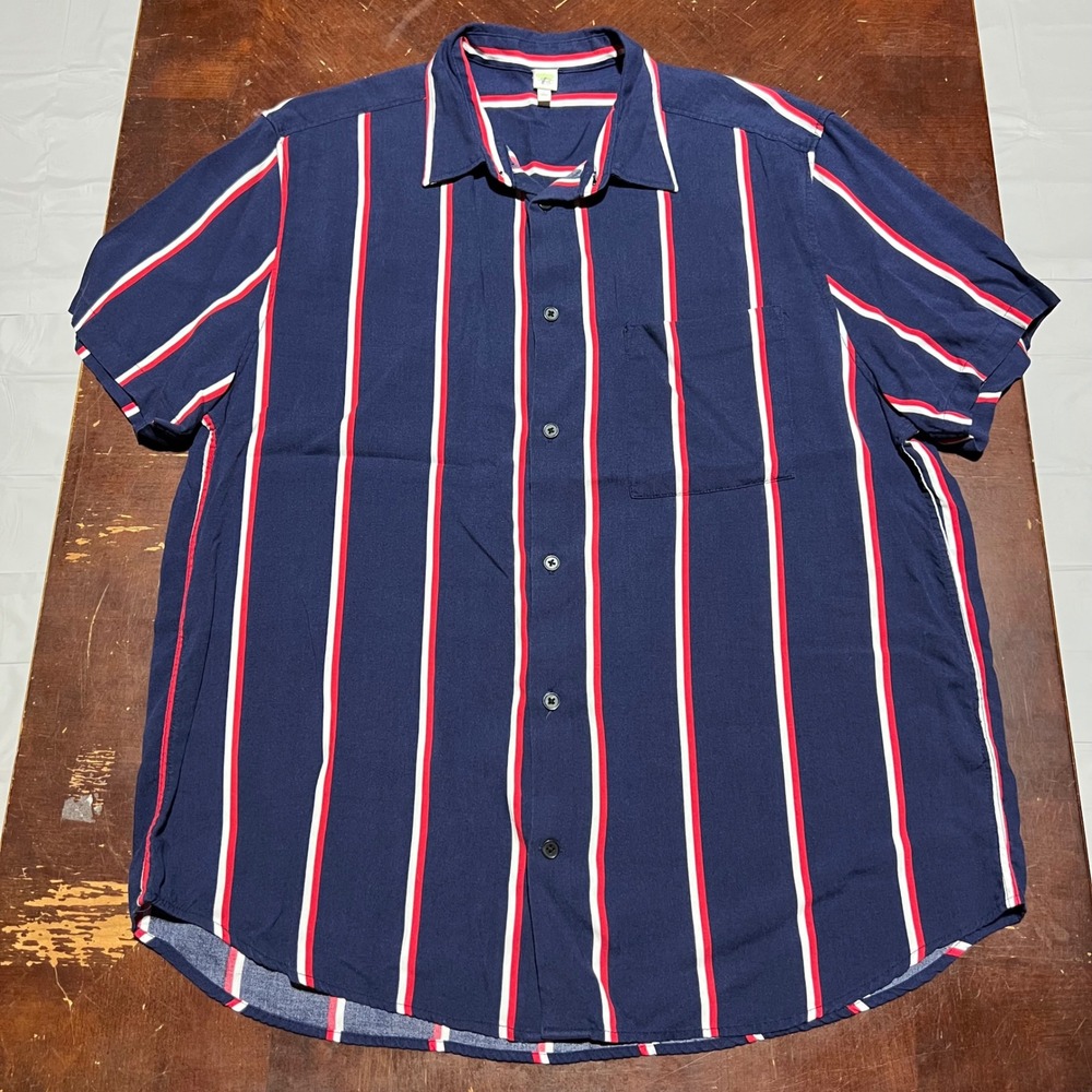 True Craft Mens Large Navy Blue Red White Vertical Stripe Viscose Button Down
